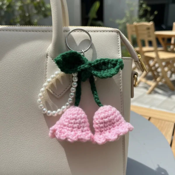 Pink Tulip Keychain With Pearl Handle